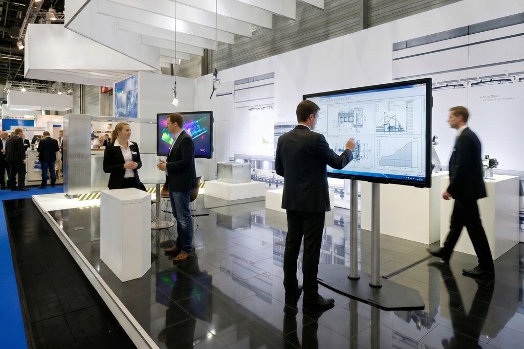 Mann bedient Touchscreen auf Messe
